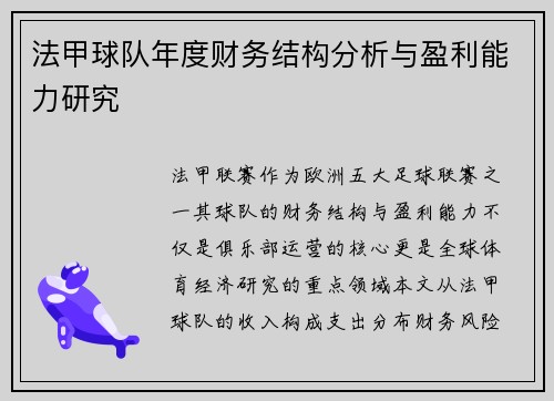 法甲球队年度财务结构分析与盈利能力研究